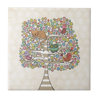 Carreau Chouette chatte et oiseaux dans un arbre Illustrat