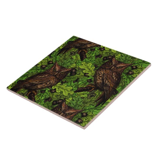 Carreau Chouettes dans le chêne, vert et marron (Côté)