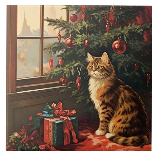 Carreau Christmas Kitty à la fenêtre (Devant)