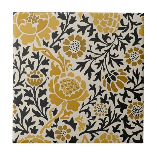 Carreau Chrysanthème moutarde jaune Tan noir Feuilles (Devant)