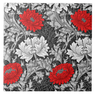 Carreau Chrysanthèmes, gris et rouge de William Morris