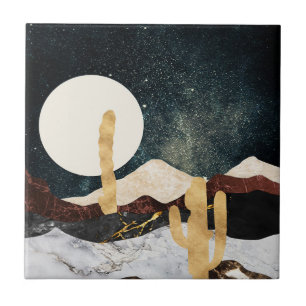 Carreau Ciel nocturne abstrait du désert avec cactus doré