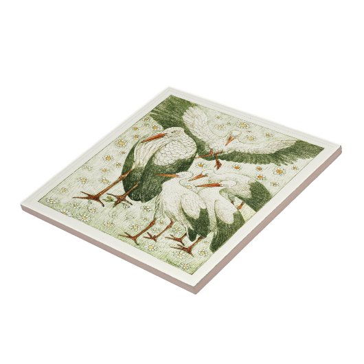 Carreau Cinq cigognes dans une prairie Art Victorien Holla (Côté)