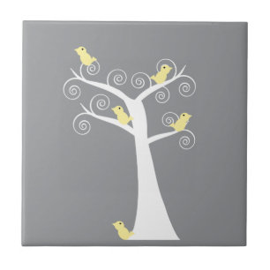 Carreau Cinq Oiseaux Jaunes Arbre Blanc Gris