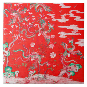 Carreau Cinq Phénix dans un Jardin Fleur Rouge Chinois Flo