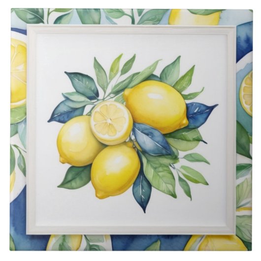 Carreau Citrons Bleu Vert Jaune Blanc Aquarelle (Devant)