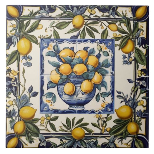 Carreau Citrons Espagnols dans un Vase Pot Bleu & Blanc (Devant)