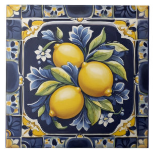 Carreau Citrons Méditerranée Bleu foncé Art populaire ital