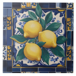 Carreau Citrons Méditerranée Bleu foncé et Jaune doré