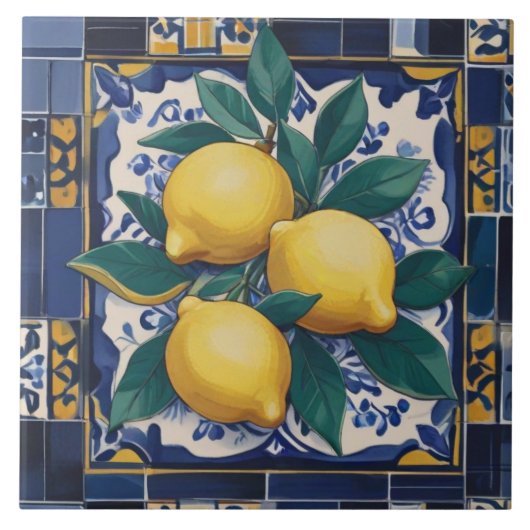 Carreau Citrons Méditerranée Bleu foncé et Jaune doré (Devant)
