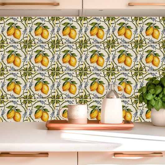 Carreau Citrons siciliens peints à la main et vigne floral
