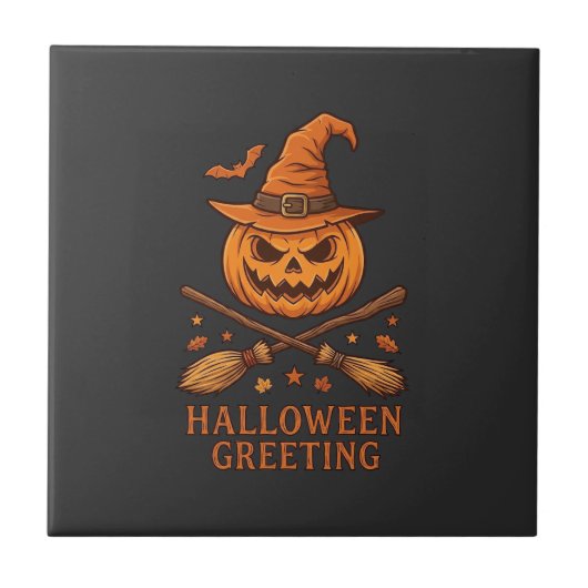 Carreau Citrouille de salutation d'Halloween Sorcière Chap (Devant)