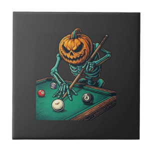 Carreau Citrouille d'Halloween squelette jouant au billard