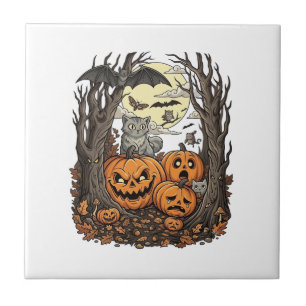 Carreau Citrouilles d'Halloween Chat Gris Chauve-Souris Pl