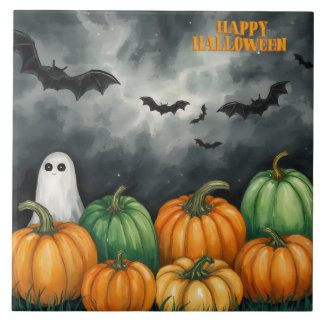 Carreau Citrouilles et fantôme d'Halloween à l'aquarelle