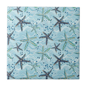 Carreau Clair bleu et or Starfish sur Ocean Wave Motif