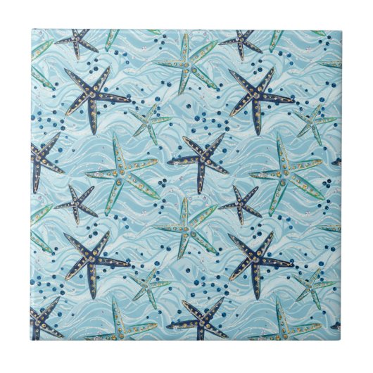 Carreau Clair bleu et or Starfish sur Ocean Wave Motif (Devant)