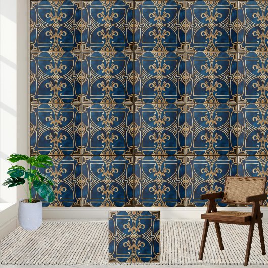 Carreau Classic Elegant Royal Blue et Gold Greek Tile