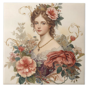 Carreau Classique, Belle Noble Femme avec Ornement Rose