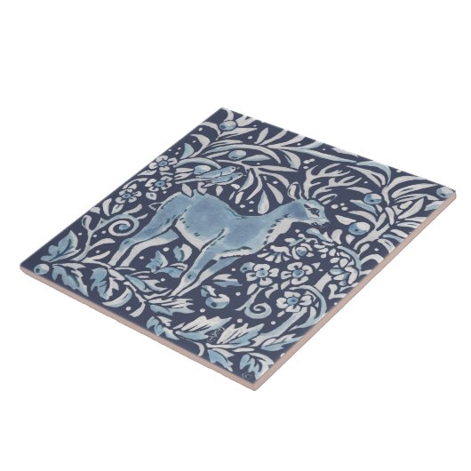 Carreau Classique Bleu Blanc Orné Forêt de Cerfs Art (Côté)