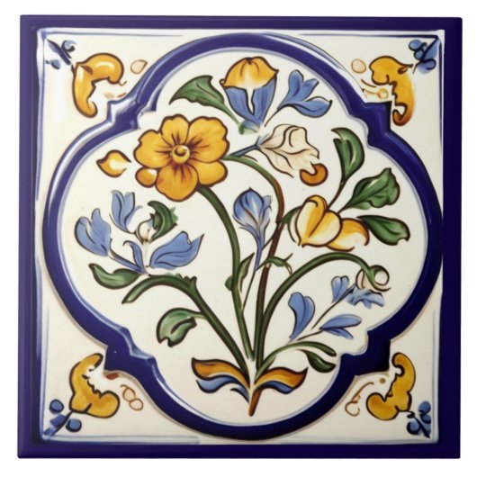Carreau Classique Fleur Jaune Bleu Floral (Devant)