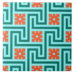 Carreau Clé grecque, turquoise, Aqua et corail de Deco