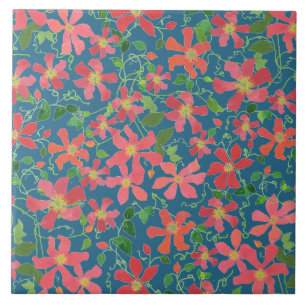 Carreau Clematis rose, rouge, orange floral sur bleu profo