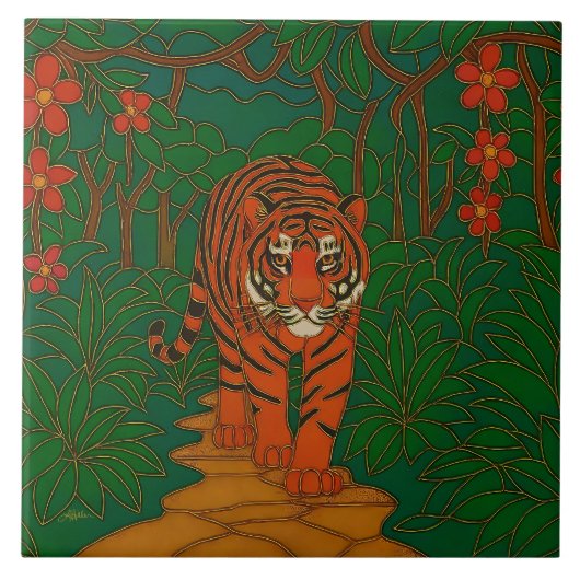 Carreau Cloisonne Art Tiger on the Jungle Path (Devant)
