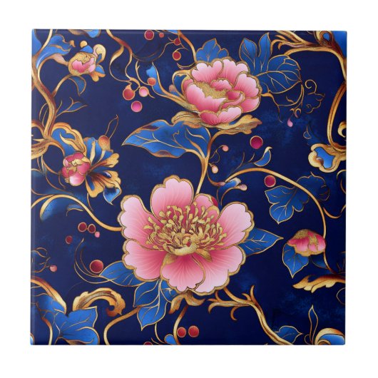 Carreau Cloisonne bleu rose motif floral (Devant)