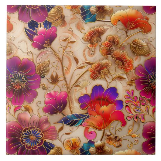 Carreau Cloisonne crème rose motif floral (Devant)
