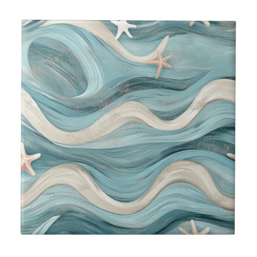 Carreau Coastal Starfish on Aqua Sand Waves Pattern (10) (Devant)