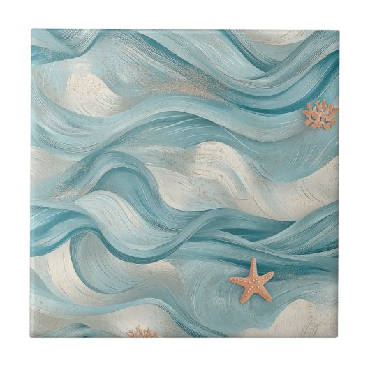 Carreau Coastal Starfish on Aqua Sand Waves Pattern (9) (Devant)
