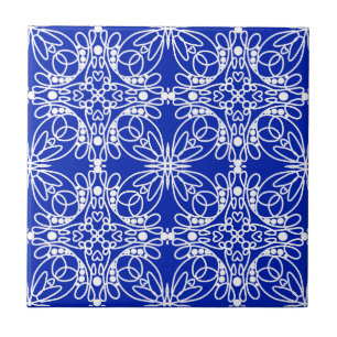 Carreau Cobalt Bleu et Ligne Blanche Art Floral et Coeurs