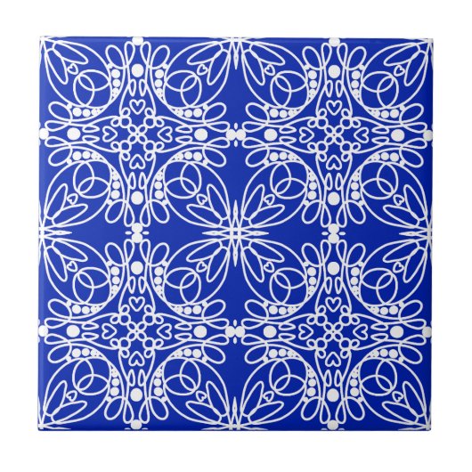 Carreau Cobalt Bleu et Ligne Blanche Art Floral et Coeurs (Devant)