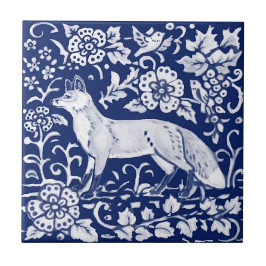 Carreau Cobalt Navy Blue Fox Woodland Floral 4 1/4" (Devant)