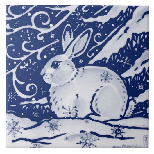 Carreau Cobalt Navy Blue Rabbit Snow Scene de neige hivern (Devant)