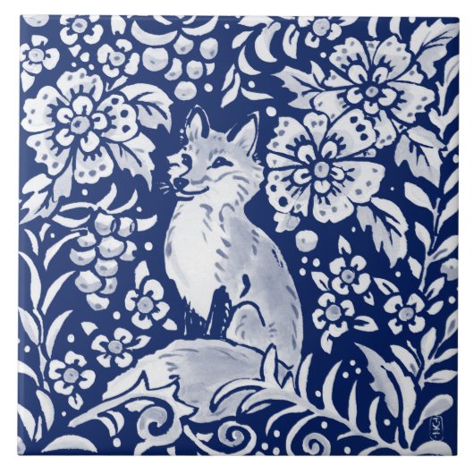 Carreau Cobalt Navy Blue Woodland Animal mite Fox Fern (Devant)