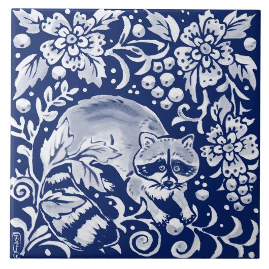 Carreau Cobalt Navy Blue Woodland Animal Raccoon Fruit (Devant)