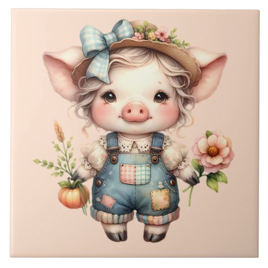 Carreau Cochon fermier mignon dans les salons avec fleurs (Devant)