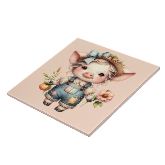 Carreau Cochon fermier mignon dans les salons avec fleurs (Côté)
