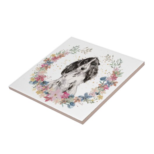 Carreau Cocker Spaniel Spring Flowers Wreath (Côté)