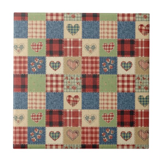 Carreau Cœur de courtepoint de campagne Patchwork Rouge Bl (Devant)