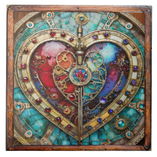 Carreau Cœur de verre teinté rouge et bleu Série Steampunk