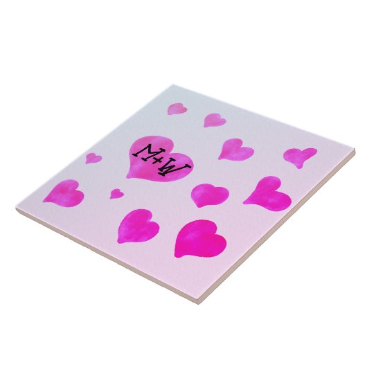 Carreau Coeurs d'aquarelle rose Personnalisé Nom de couple (Côté)