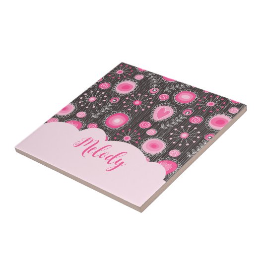 Carreau Coeurs gris rose blanc et nom fleuri (Côté)