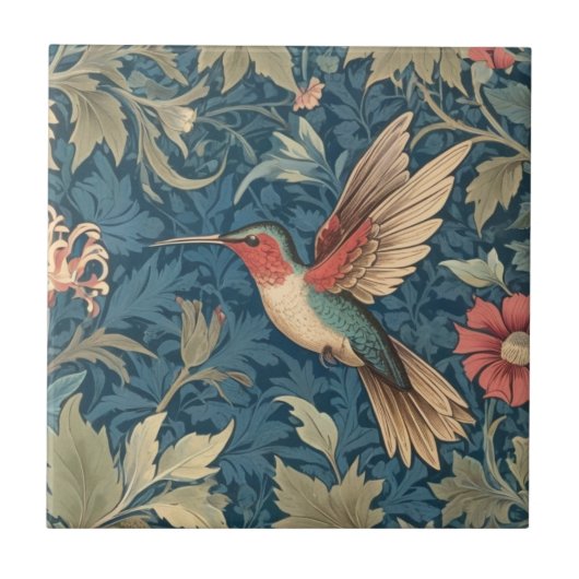 Carreau Colibri à gorge rubis de style William Morris (Devant)