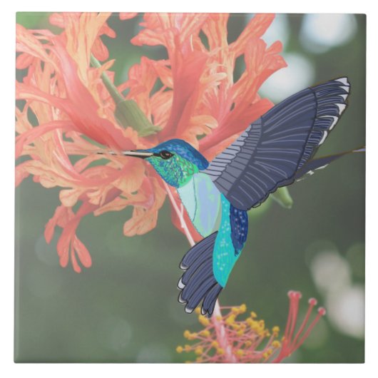 Carreau Colibri bleu et vert et Hibiscus orange (Devant)