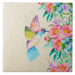 Carreau Colibri et fleurs d'aquarelle