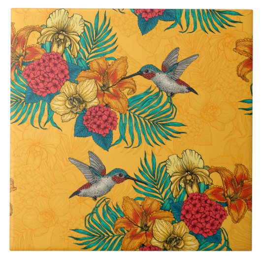 Carreau Colibris et bouquet tropical en jaune (Devant)