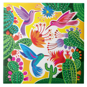 Carreau Colibris et cactus en fleurs
